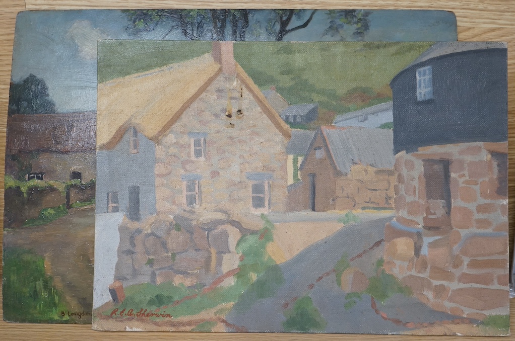 Two 20th century oils on board comprising; Roland E. Sherrington, ‘Sennen Cove, Cornwall’, signed, exhibition label verso and B. Langdon, Village scene, each unframed, largest 29 x 40cm. Condition - fair